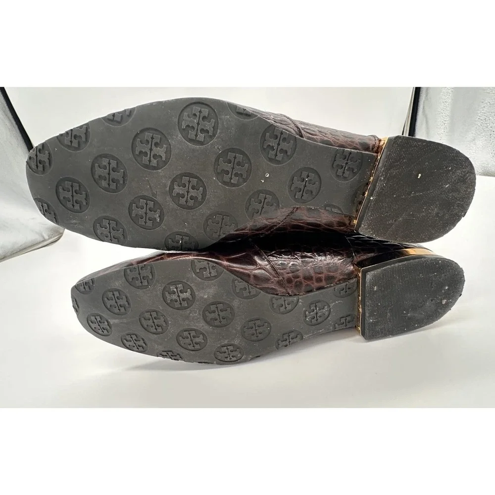 Tory Burch Brown Crocodile embossed leather riding boot Gold Heel & Logo Size‎ 7